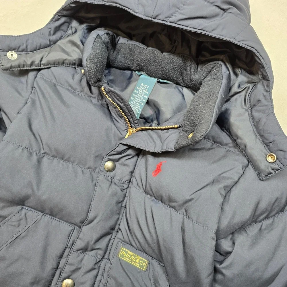 Polo Ralph Lauren‎ Puffer Jacket Kids Size 4T Navy Blue Hooded Red Pony